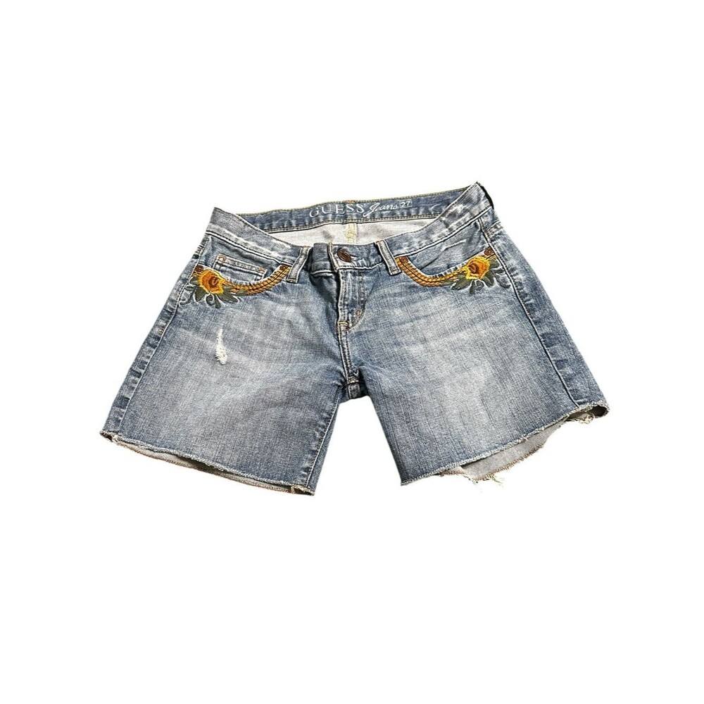 GUESS Y2K Embroidered Denim Shorts Womens 27 Low Rise Floral Distressed - Picture 1 of 10